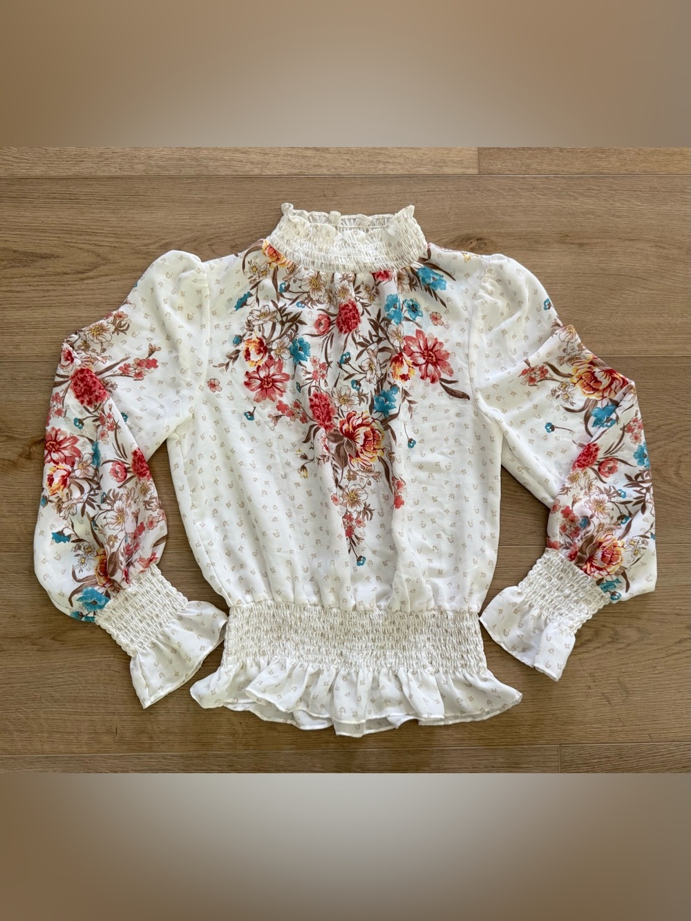 Meraki Floral Smocked Mock Neck Swiss Dot Boho Blouse Small